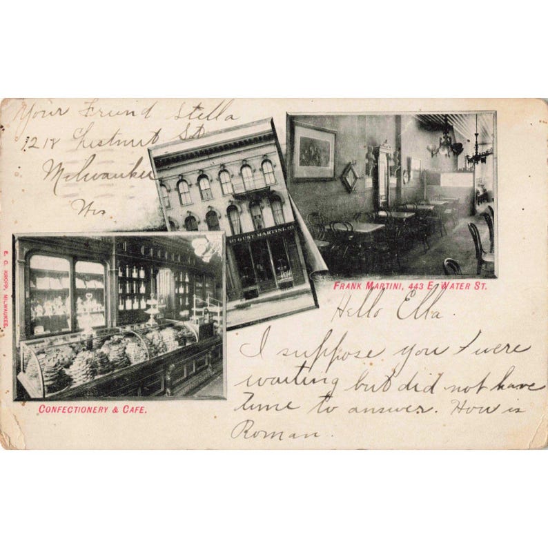Carte postale vintage de 1909, Milwaukee, Wisconsin, Frank Martini Confectionery Cafe, E Water St. image 1