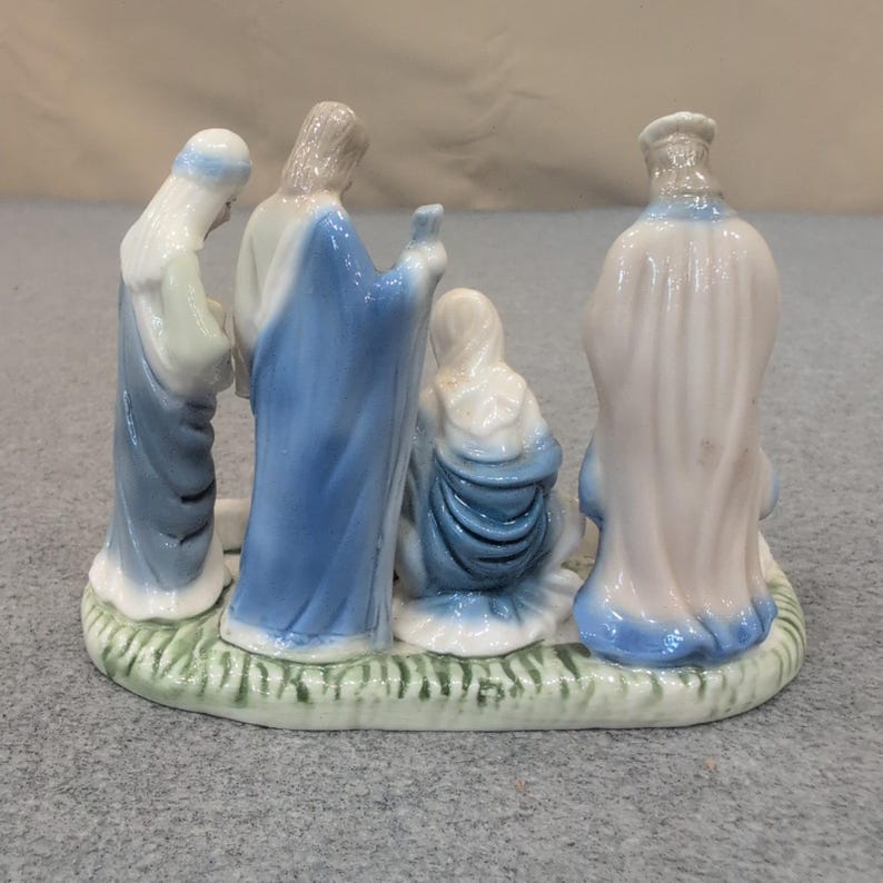 Vintage Style Blue and White Ceramic Nativity Scene Figurine Holy Family Lambs image 5