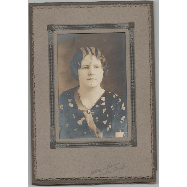 Antique Hand Colored Studio Portrait Helen Thorin Lake Park 1920s Floral Dress image 1