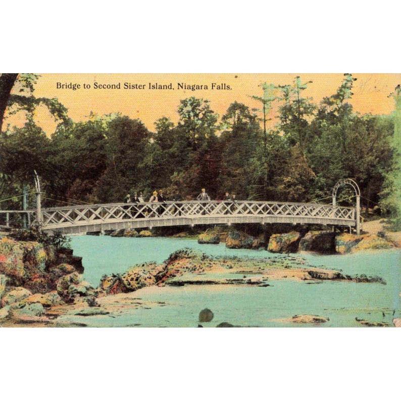 Brücke zur Second Sister Island, Niagarafälle, Vintage-Postkarte, Farblithografie, sehr guter Zustand Bild 1