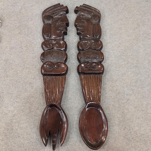 Vintage handgeschnitzte Holz Tribal Gabel und Löffel Wand Kunst Set dunkelbraun Dekor Bild 1