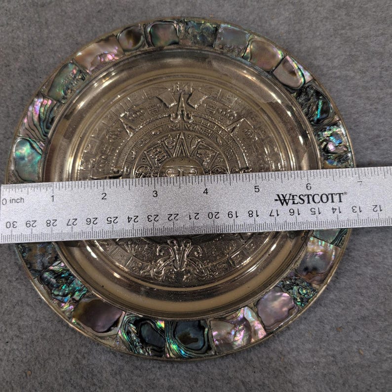 Alpaca Mexico Aztec Sun Calendar Plate Abalone Shell Inlay Silver Tone Decor image 3