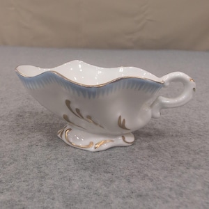VA Portugal Miniature Porcelain Gravy Boat White Blue Gold Gilt Trim VG+ image 1