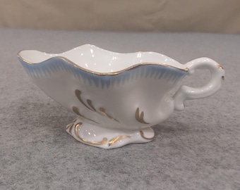 VA Portugal Miniature Porcelain Gravy Boat White Blue Gold Gilt Trim VG+