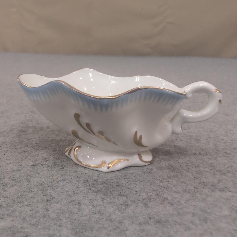 VA Portugal Miniature Porcelain Gravy Boat White Blue Gold Gilt Trim VG+ image 1