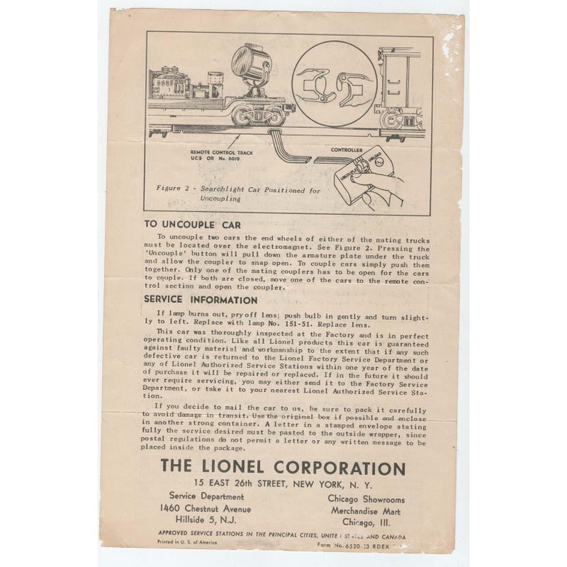 Vintage Lionel No 6520 Searchlight Car Instruction Sheet O Gauge Train Manual image 2