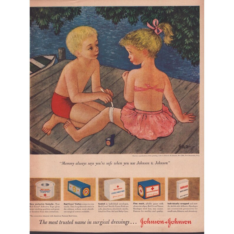 Vintage Johnson & Johnson Plaster-Aid Reklama Czerwonego Krzyża Ilustracja dla dzieci zdjęcie 1