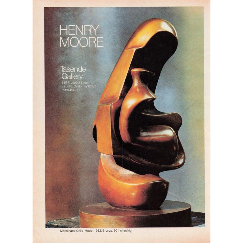 Anuncio impreso vintage de la galería Tasende de Henry Moore, 1982: Escultura de madre e hijo. imagen 1