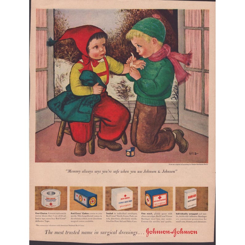 Anuncio impreso de primeros auxilios de Johnson & Johnson de la década de 1940, obra de Gladys Rockmore Davis. imagen 1