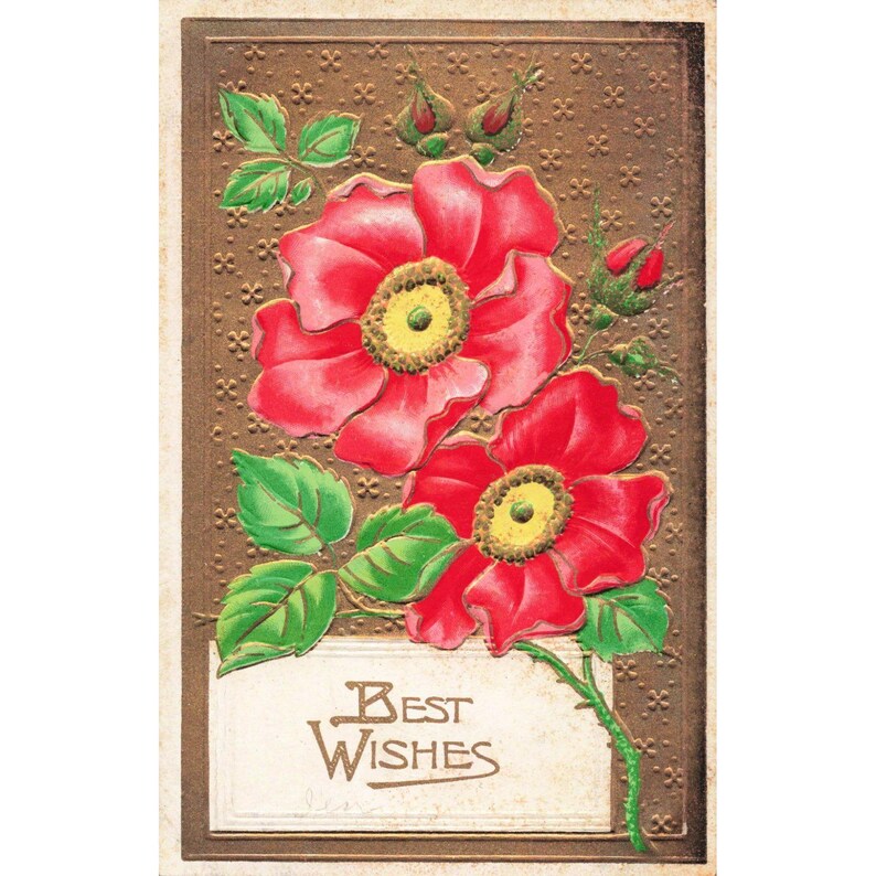 Antique Embossed Postcard Best Wishes Red Wild Roses Gold Gilt Made in Germany image 1