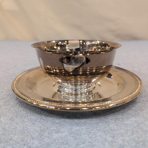 Oneida Silverplate Sherbet Tasse und Unterteller Set Perlenrand USA Vintage Bild 3