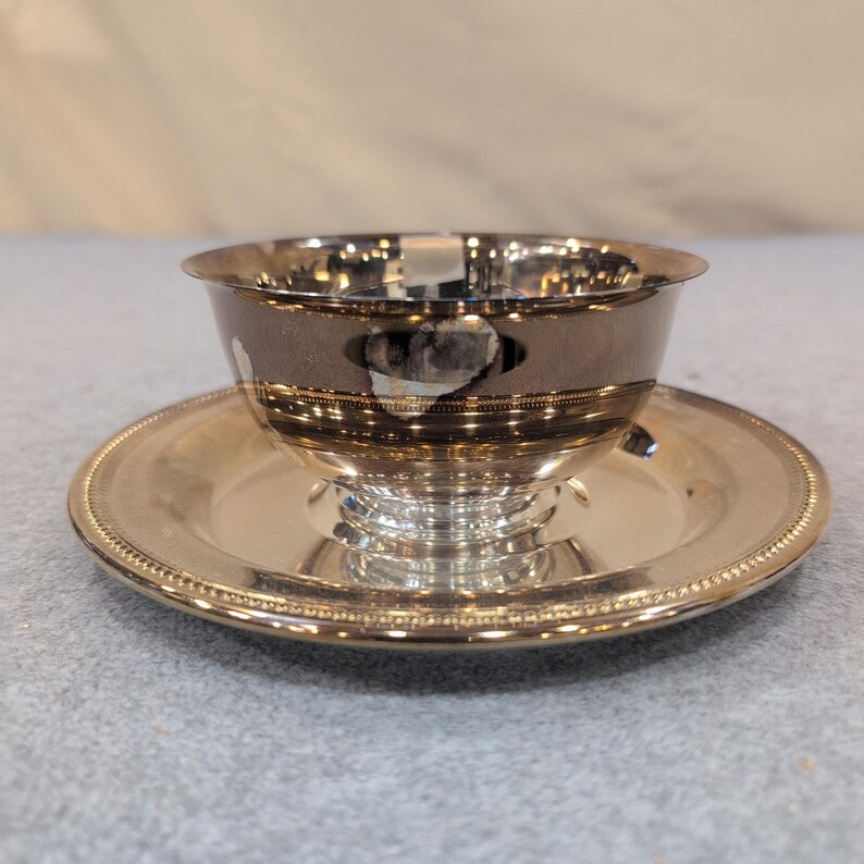 Oneida Silverplate Sherbet Tasse und Unterteller Set Perlenrand USA Vintage Bild 3