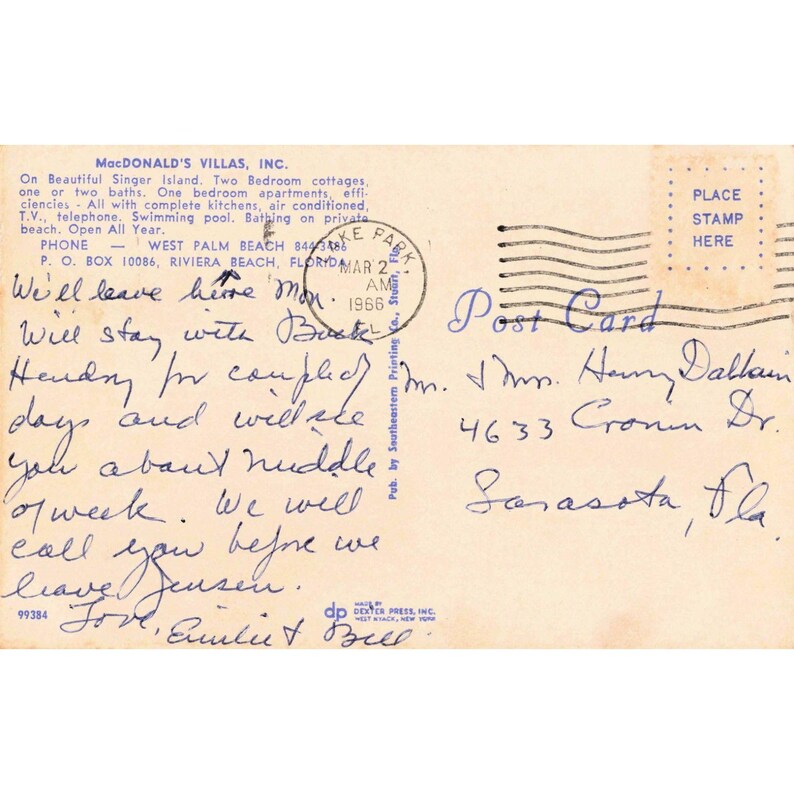 Vintage MacDonalds Villas Singer Island Riviera Beach Florida Postcard 1966 VG image 2
