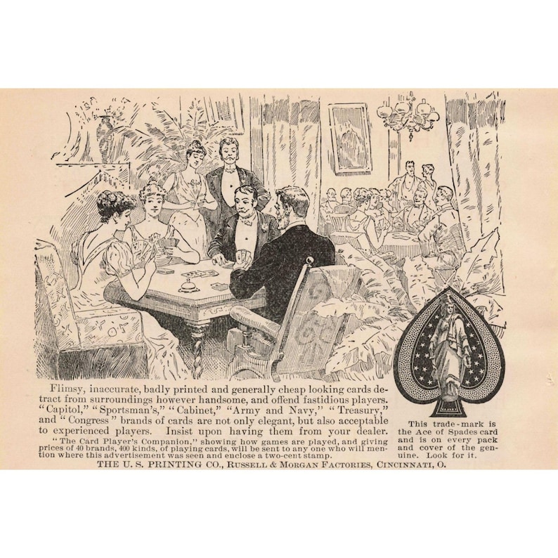 1891 Vintage US Printing Co Playing Cards Ace of Spades Advertisement Print image 1