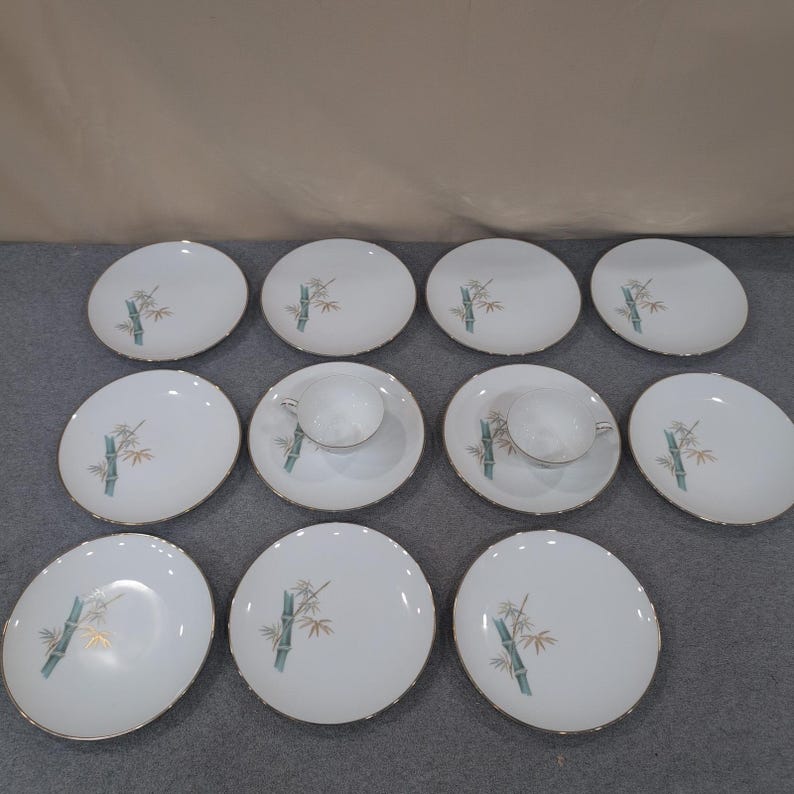 Noritake Oriental 6341 Bamboo China Set 11 Plates 2 Cups Gold Trim Japan Vintage image 5
