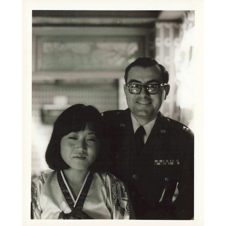Vintage 1970s Korea U.S. Air Force Officer Korean Girl Hanbok Photo 5x4 image 1