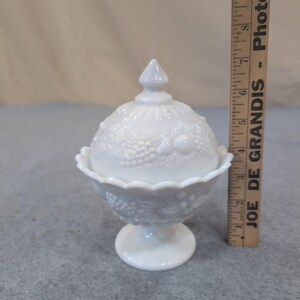 Vintage White Milk Glass Harvest Fruit Embossed Pedestal Candy Dish with Lid image 7