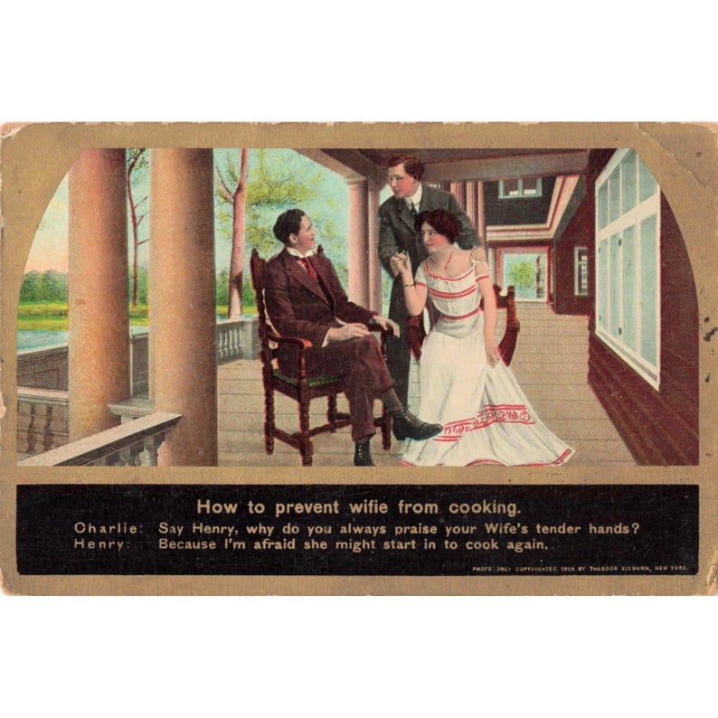 Antique 1909 Theodor Eismann Postcard How to Prevent Wifie From Cooking Humorous image 1