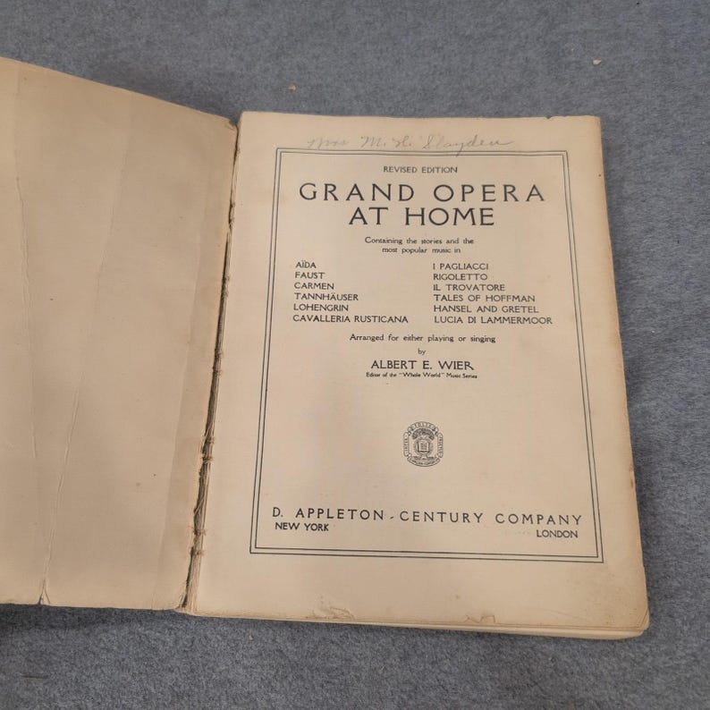 Grand Opera Hemma Albert E Wier Noter Berättelser 1927 D Appleton Century Co bild 2