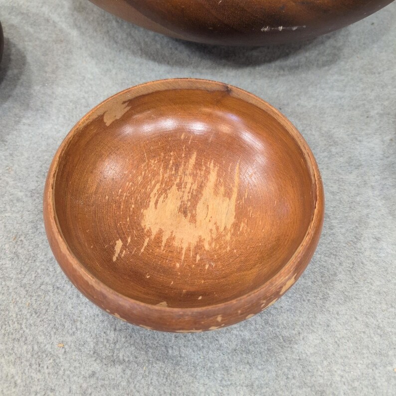 Vintage Mid Century Modern Solid Wood Salad Bowl Set 6 Piece Brown MCM image 4
