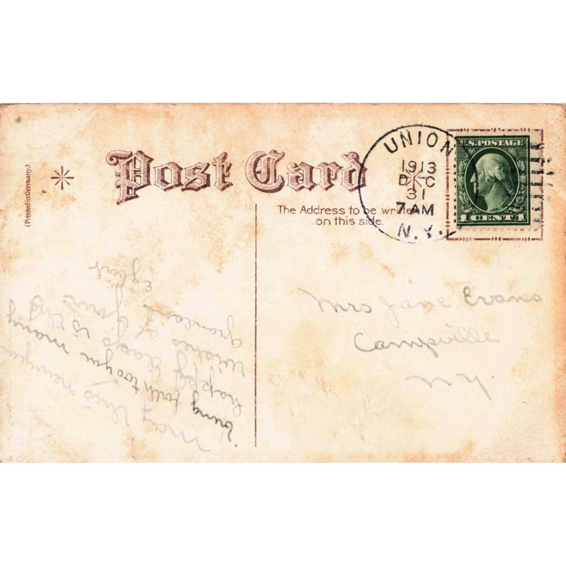 Antieke nieuwjaarskaart uit 1913 met klok, hulst en wintertafereel. Union NY poststempel, Duitsland. afbeelding 2