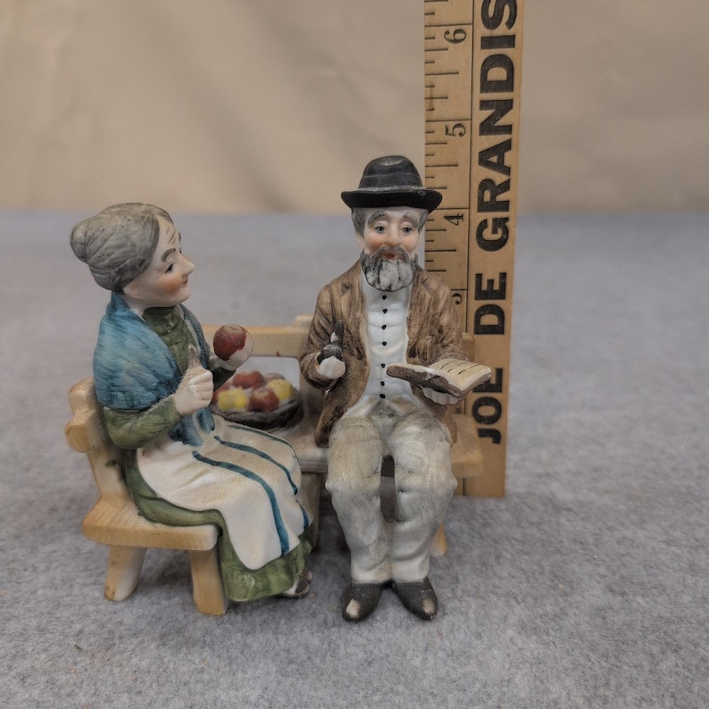 Vintage Hand Painted Porcelain Elderly Couple on Bench Figurine Matte Finish image 4