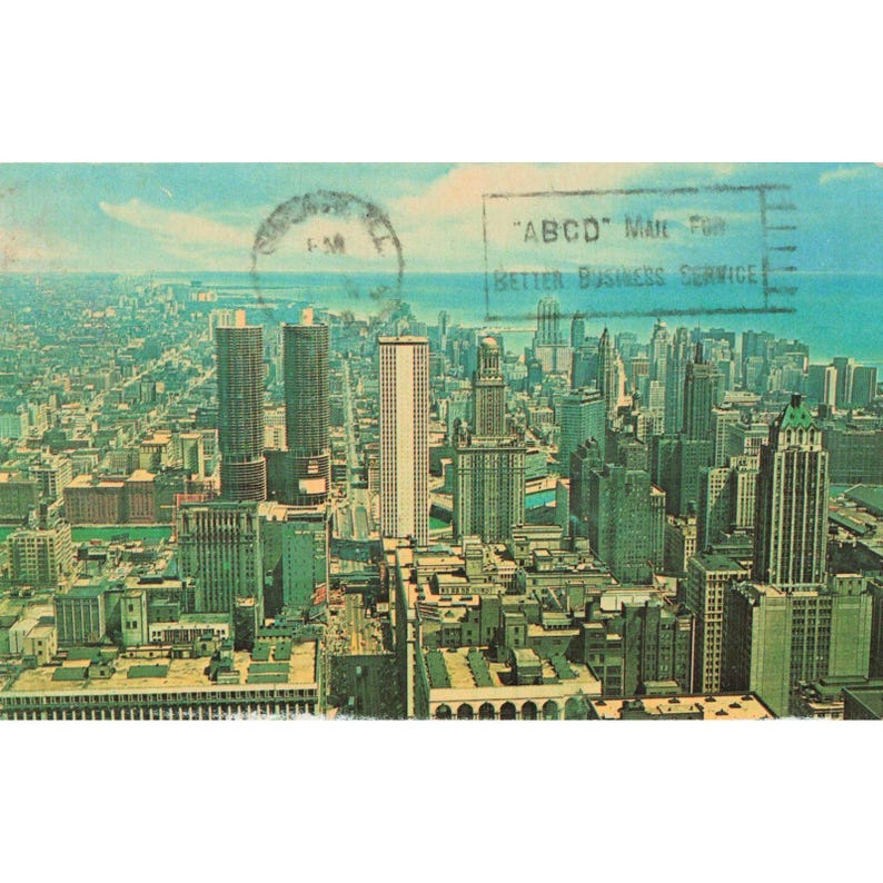 Vintage 1964 Chicago Skyline State Street Aerial View Postcard Marina City VG image 1