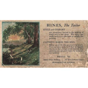 Vtg Hines The Tailor Advertising Card Bloomington Illinois Landscape Ephemera image 1