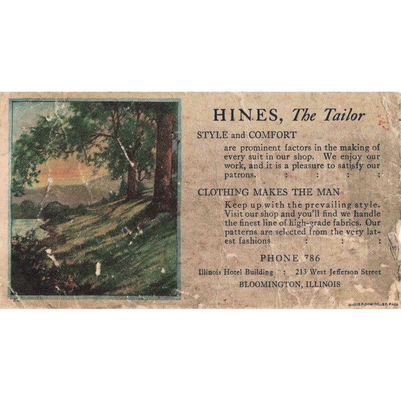 Vtg Hines The Tailor Advertising Card Bloomington Illinois Landscape Ephemera image 1