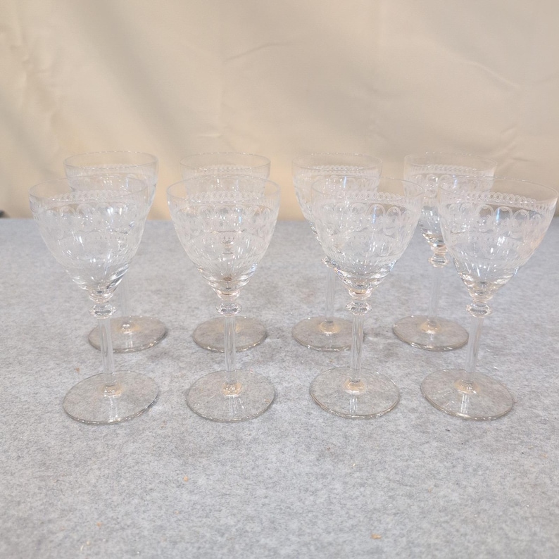 Vintage Etched Lace Crystal Wine Glasses Set of 8 Clear Stemmed Goblets image 1