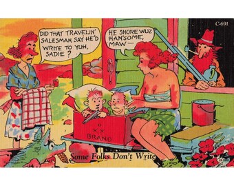 Vintage Curt Teich Hillbilly Comics Postcard Some Folks Don't Write C-691 Linen