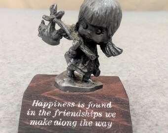 Vintage 1980 Paula's Collectibles Pewter Girl Figurine Wood Base Friendship Quot