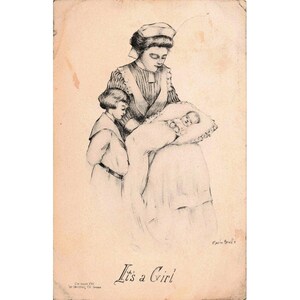 Antike Postkarte von 1911: „Es ist ein Mädchen“ – Marie Bonville, Drysdale Co., Chicago, Kinderkrankenschwester Bild 1