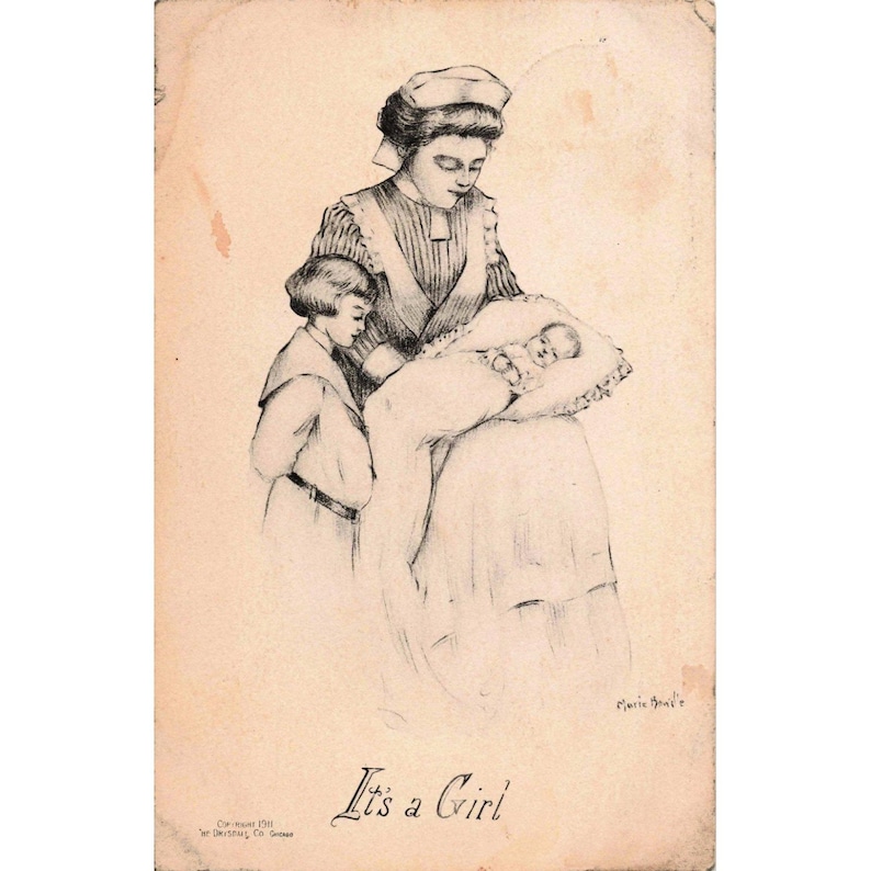 Antike Postkarte von 1911: „Es ist ein Mädchen“ – Marie Bonville, Drysdale Co., Chicago, Kinderkrankenschwester Bild 1