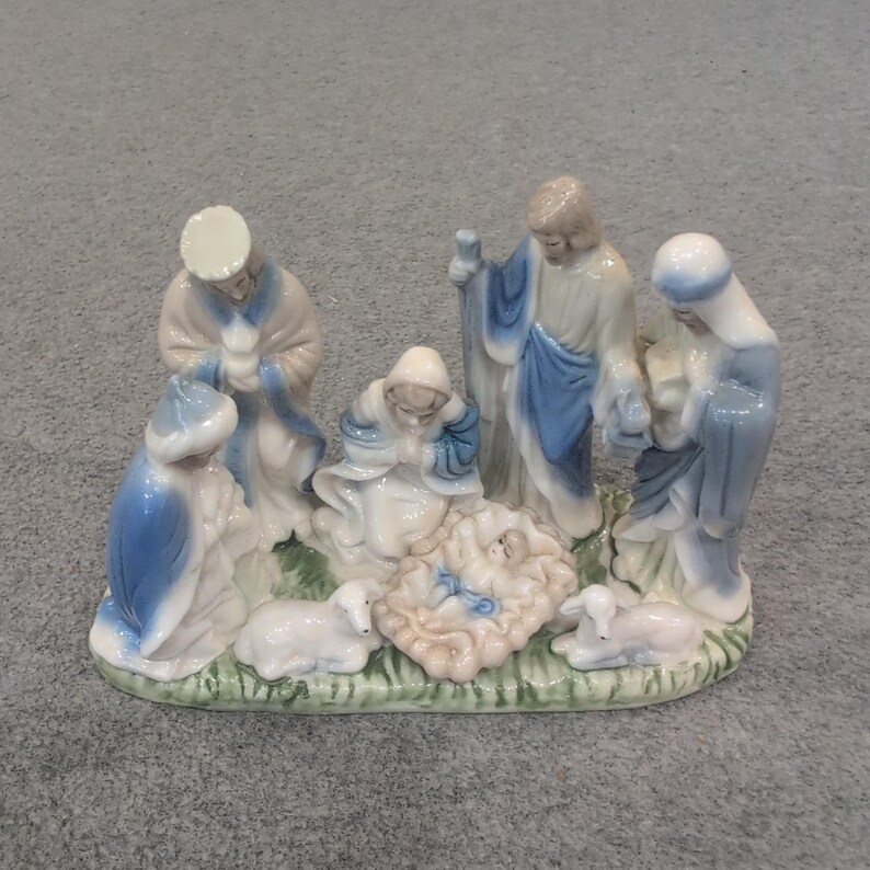 Vintage Style Blue and White Ceramic Nativity Scene Figurine Holy Family Lambs image 2