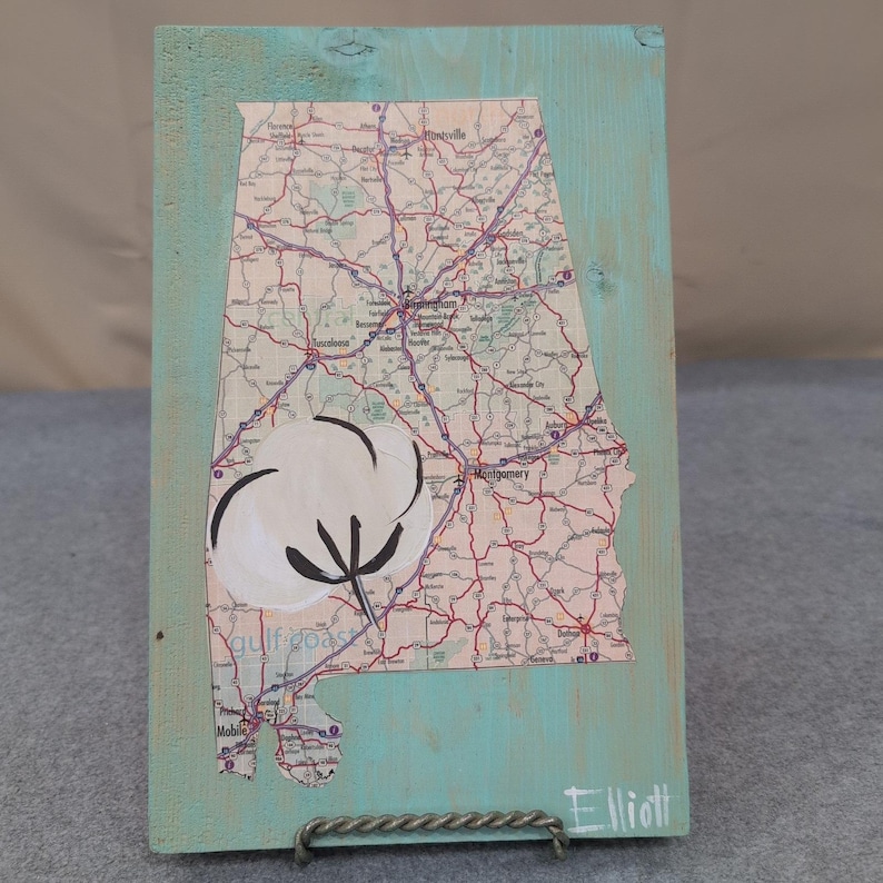 Alabama Map Cotton Boll Holzschild Rustikale Südliche Wohnkultur Wandkunst Bild 1