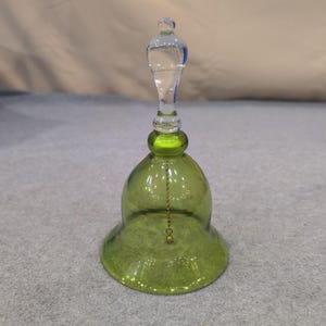 Vintage Pilgrim Glass Handblown Bell Avocado Green Clear Handle 1968-1979 image 1