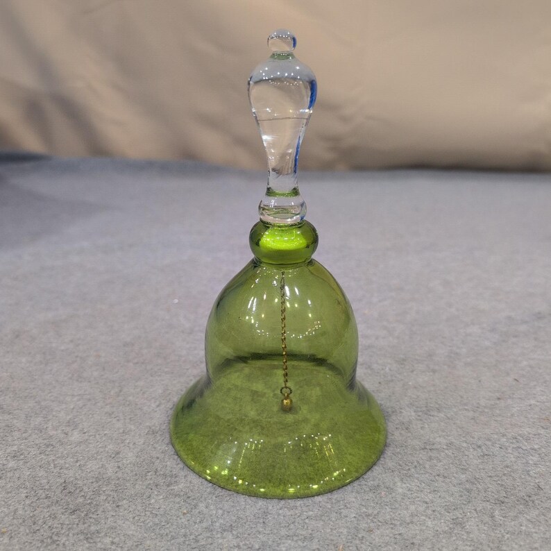 Vintage Pilgrim Glass Handblown Bell Avocado Green Clear Handle 1968-1979 image 1