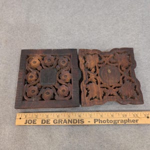 Vintage Hand Carved Sheesham Wood Trivet Set 2 Piece Floral Leaf Made in India image 4