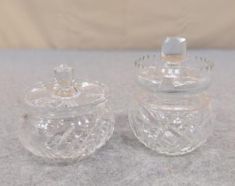 Vintage Clear Cut Glass Lidded Jars Set of 2 Frosted Floral and Diamond Pattern