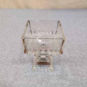 Vintage Clear Pressed Glass Square Pedestal Dish Gold Trim Thumbprint Pattern image 2