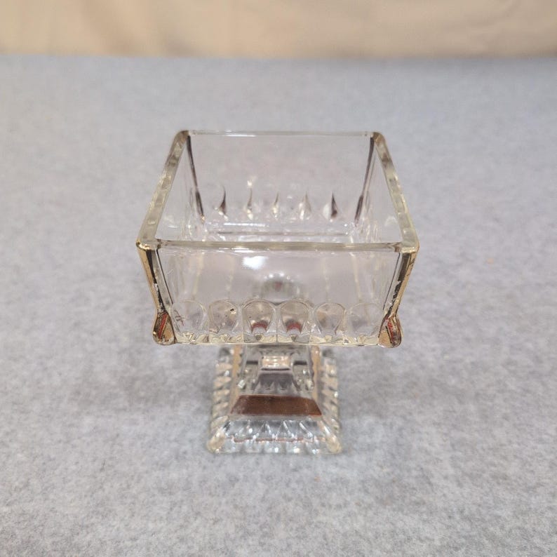 Vintage Clear Pressed Glass Square Pedestal Dish Gold Trim Thumbprint Pattern image 2