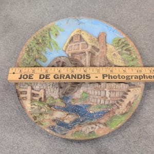 Vintage 3D Relief Wall Plaque Countryside Water Mill Cottage Scene Decor image 2