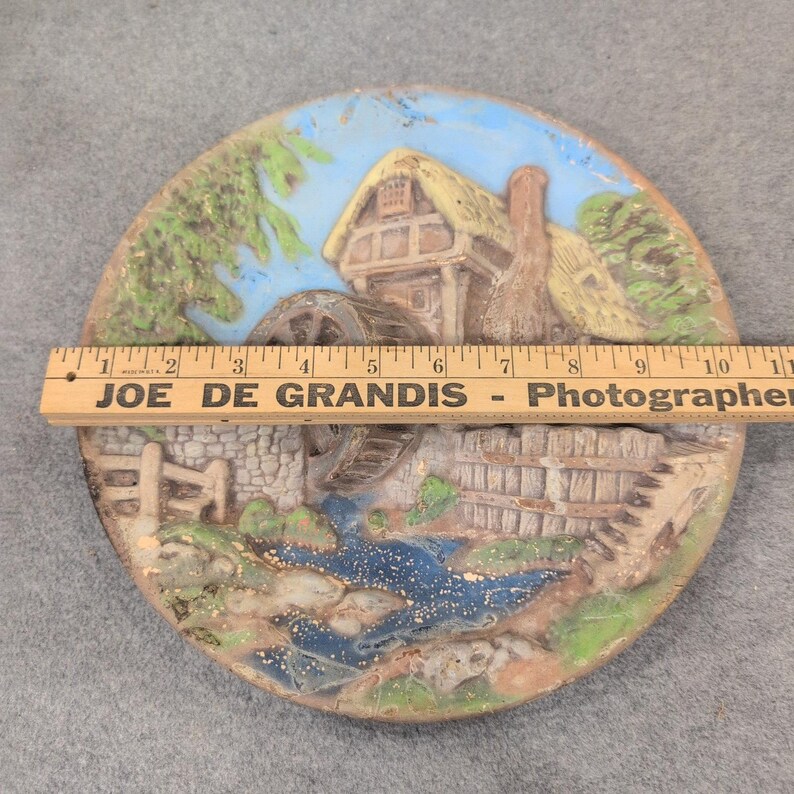 Vintage 3D Relief Wall Plaque Countryside Water Mill Cottage Scene Decor image 2
