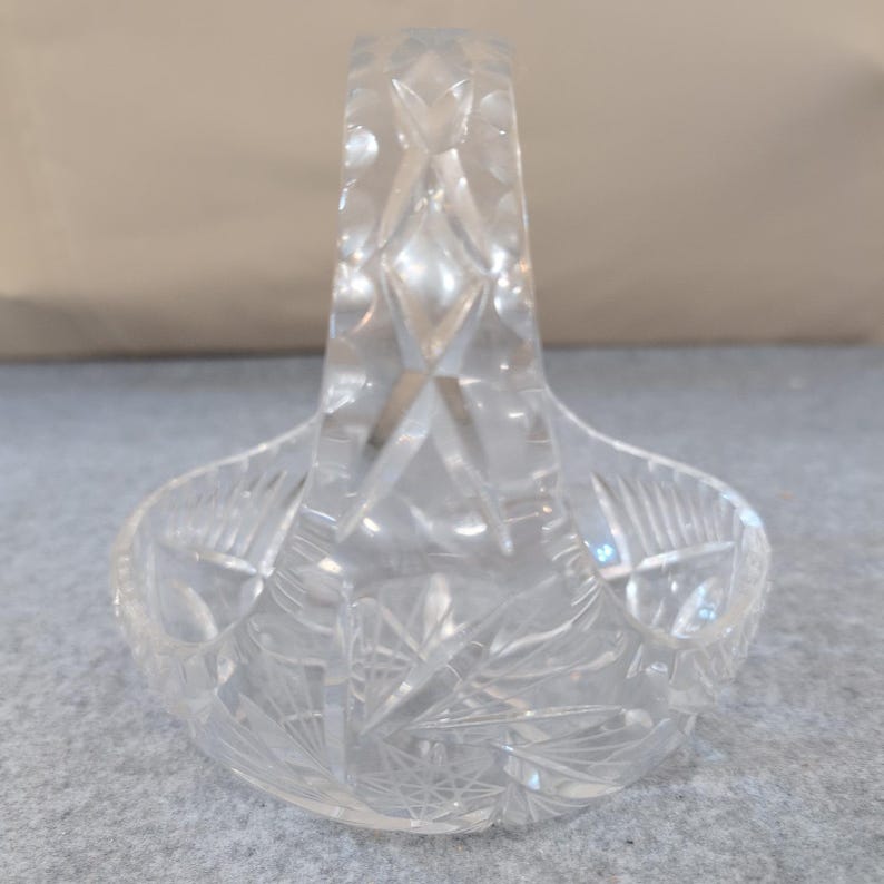 Vintage Crystal Glass Basket Clear Etched Starburst Handle Bowl Dish 6" image 2