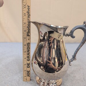Vintage Silver Plated Water Pitcher Ornate Scroll Handle Pedestal Base Jug image 6