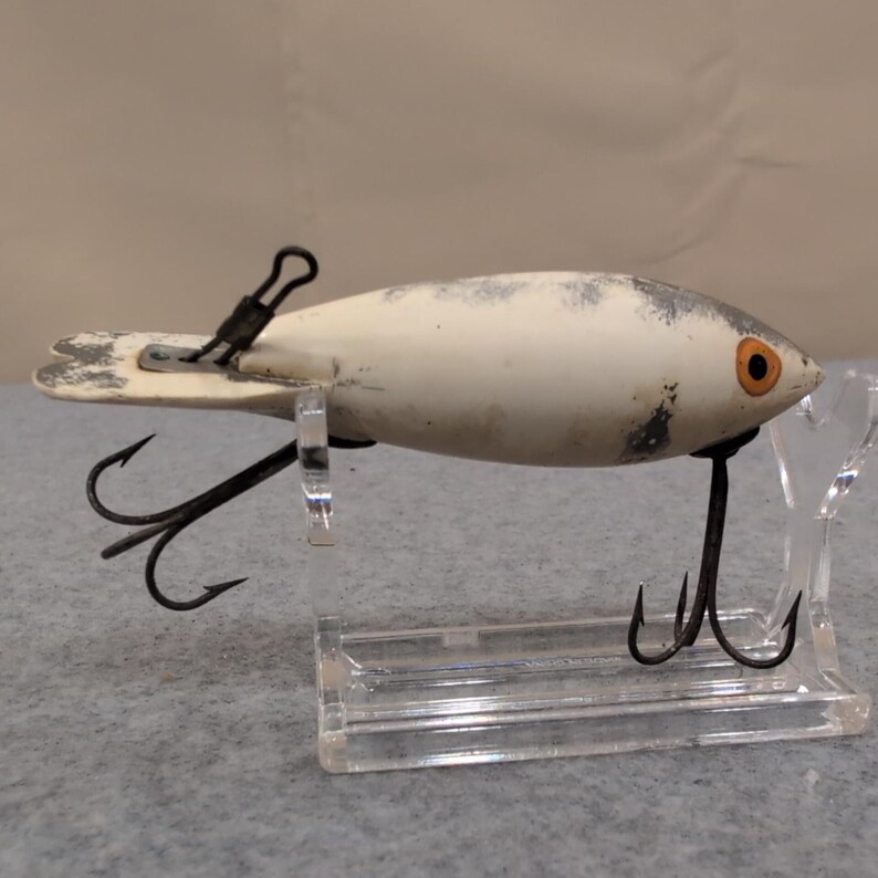 Vintage Wooden Bomber Fishing Lure Realistic Fish Design Orange Eyes image 3