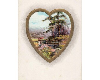 Vintage Heart Landscape Postcard Undivided Back Early 1900s Lithograph VG