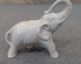 Vintage White Ceramic Elephant Figurine Trunk Up Good Luck Made in Brasil