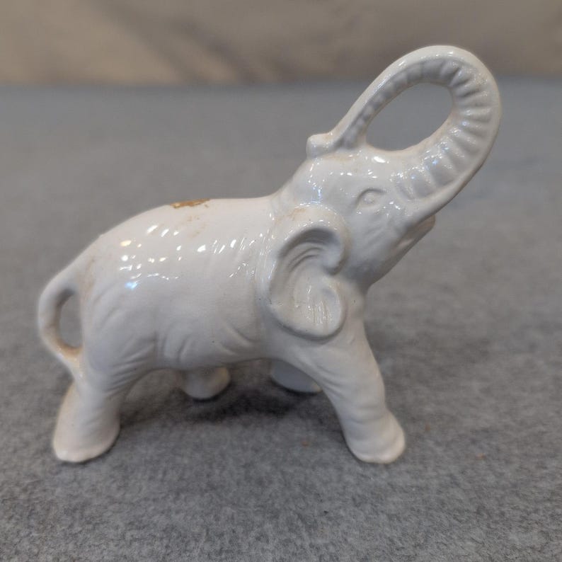 Vintage White Ceramic Elephant Figurine Trunk Up Good Luck Made in Brasil image 1